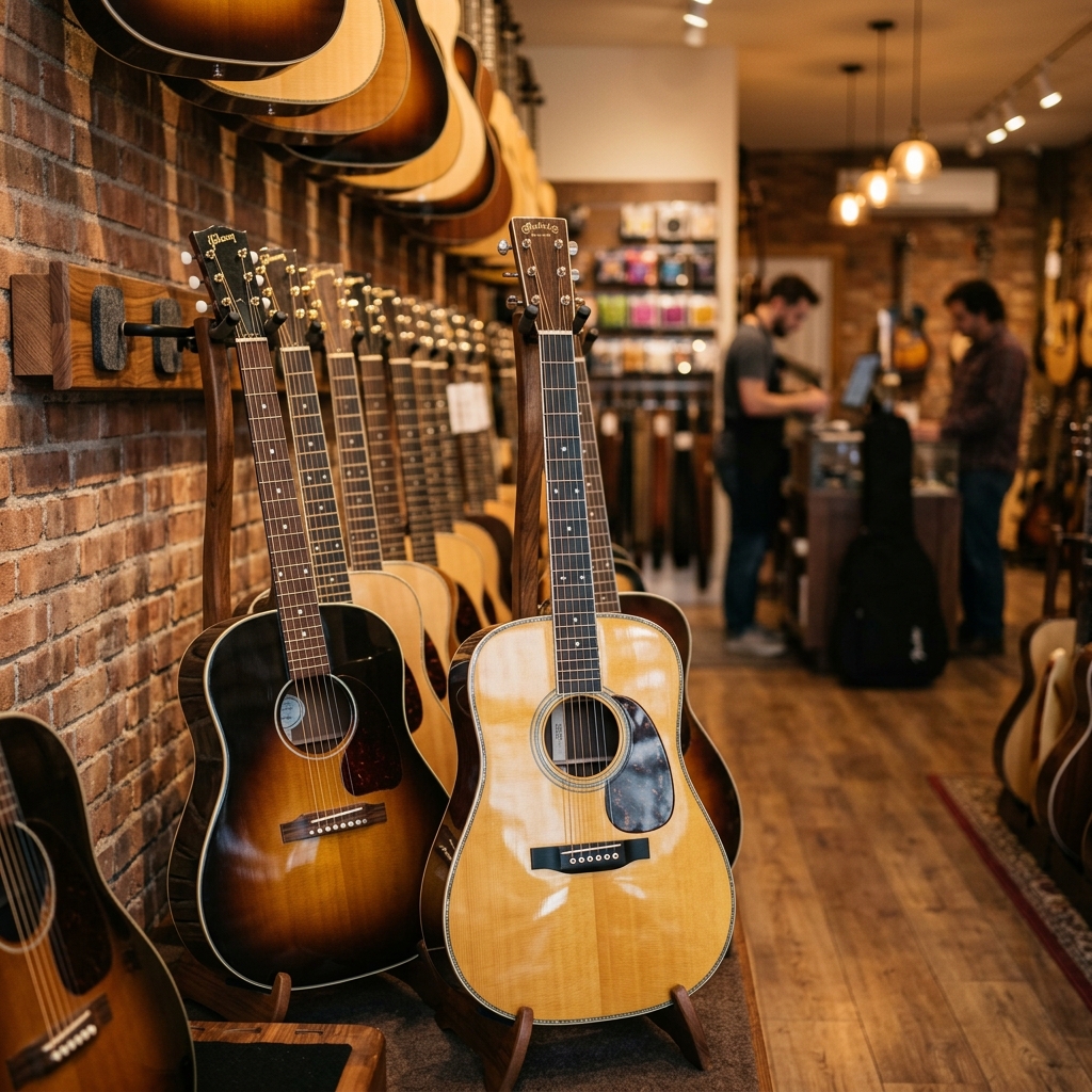 Vários violões em uma loja
