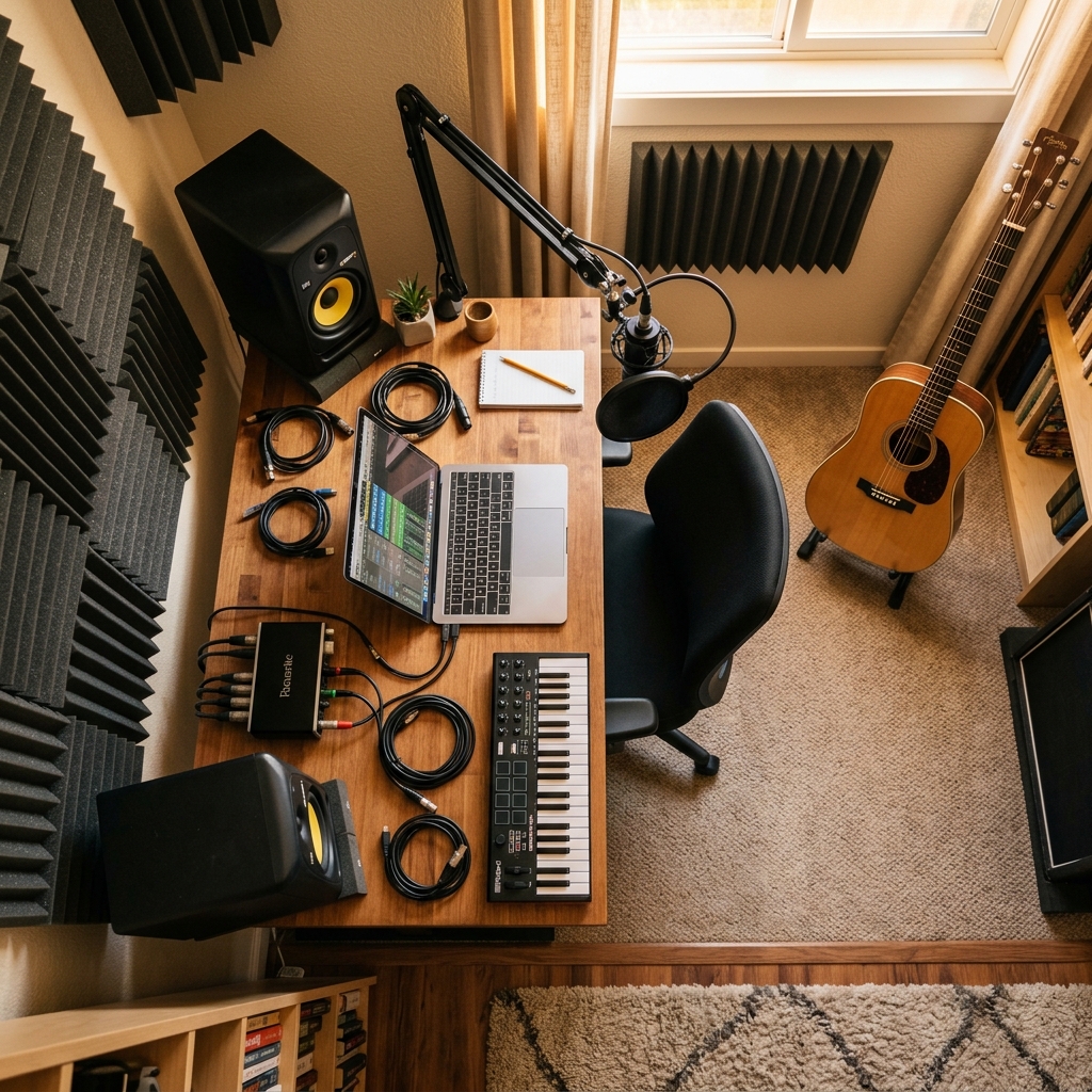 Home studio com interface de áudio, microfone e monitores
